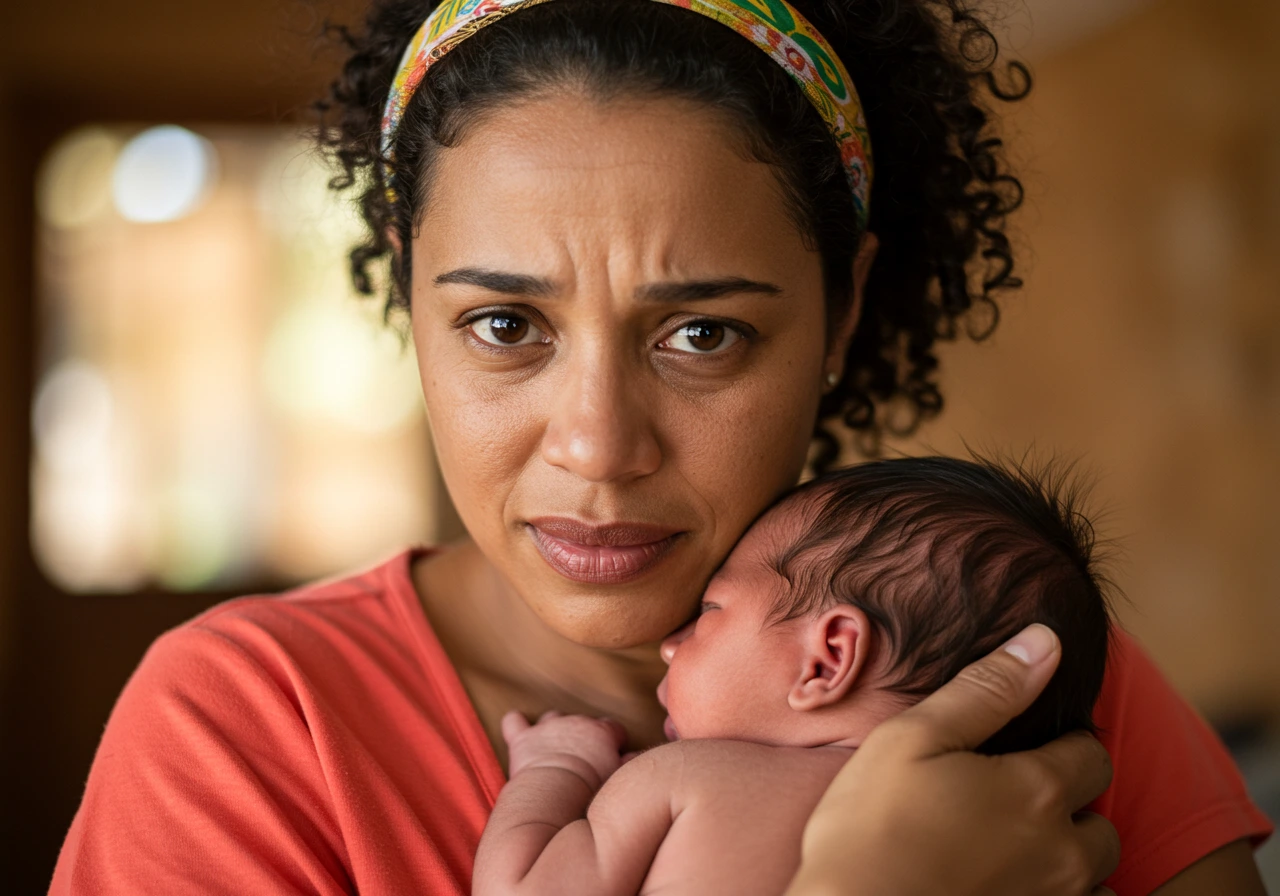 Mãe com expressão de preocupação segurando um bebê
